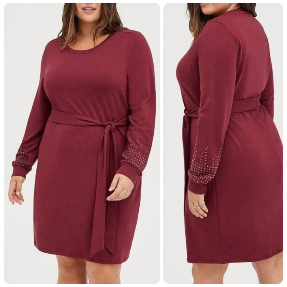 Torrid Maroon French Terry Mini Pullover Tie Waist Dress Rhinestone Plus Size 2X